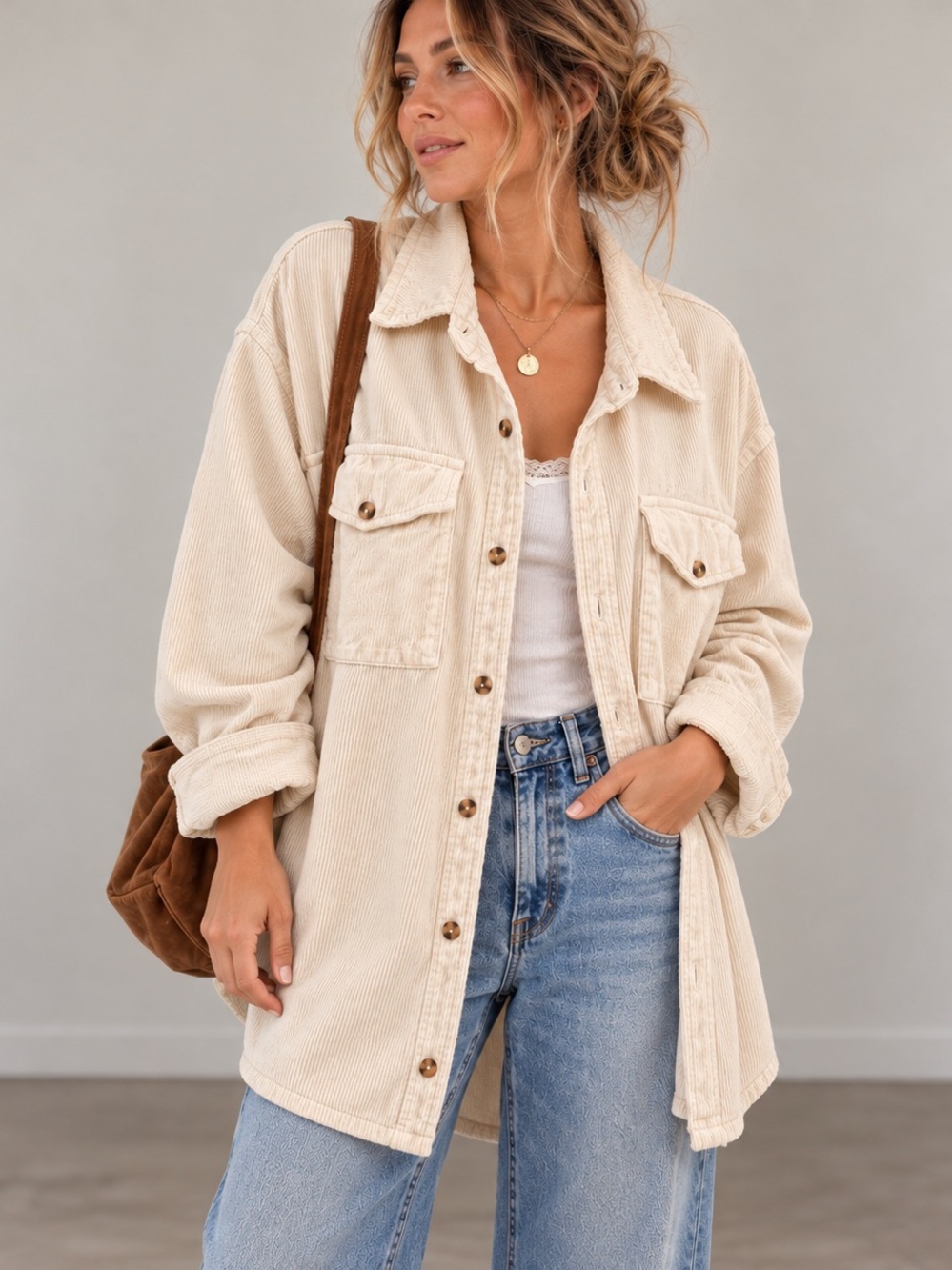 Urban Outfitters Oversized Cream Corduroy Shacket